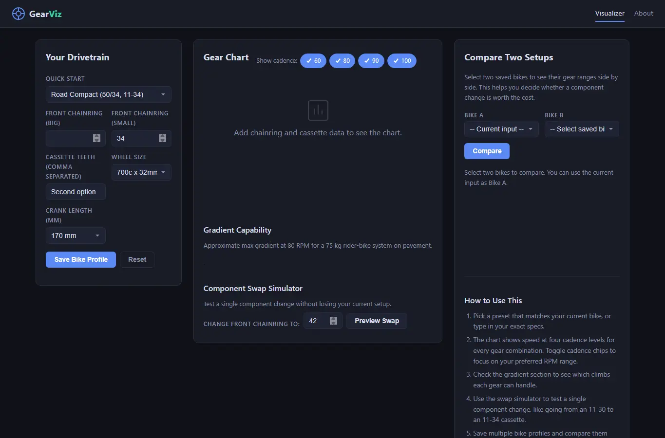 Screenshot of Bike Gear Ratio Visualizer interface showing the project page in use